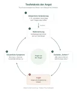 Schaubild Teufelskreis der Angst bei Panikstörung: Körperliche Veränderung löst Wahrnehmung aus, daraus folgen der Gedanke „Gefahr!“, Angst und verstärkte körperliche Symptome, die erneut wahrgenommen werden.