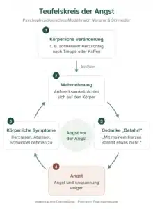 Schaubild Teufelskreis der Angst bei Panikstörung: Eine körperliche Veränderung wird wahrgenommen, daraus folgen der Gedanke „Gefahr!“, Angst und verstärkte körperliche Symptome, die erneut wahrgenommen werden.